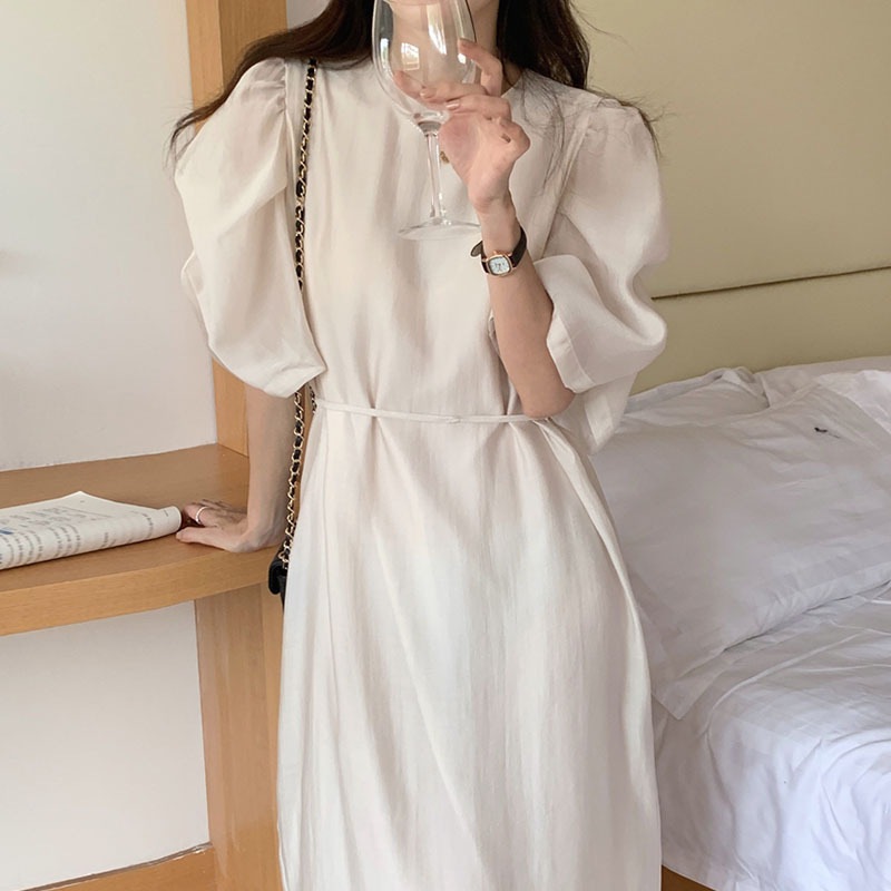 韓国 シック フレンチ ウエストプリーツバブルスリーブロングスタイル オープンフォークドレスガール ワンピース フレアワンピース ロング マキシ丈 5分袖 ボリューム袖 Uネック ストレート プリーツ