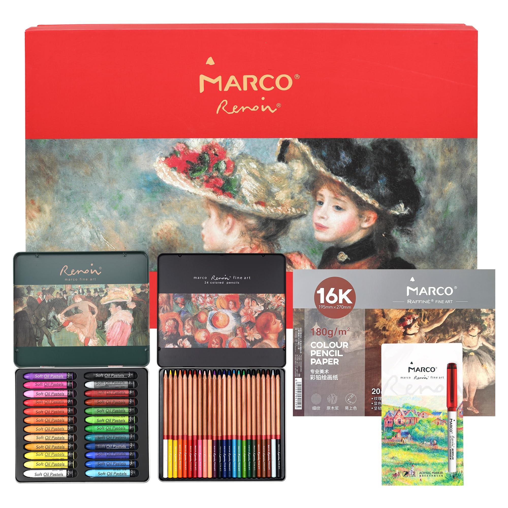 Marco お絵かきセット プロ用 61点24色オイルパステル24色の油性色鉛筆12色アクリルマーカーペンスケッチブック付き 美術学生初心者に画材キット 子供から大人まで アートギフト鉄の箱