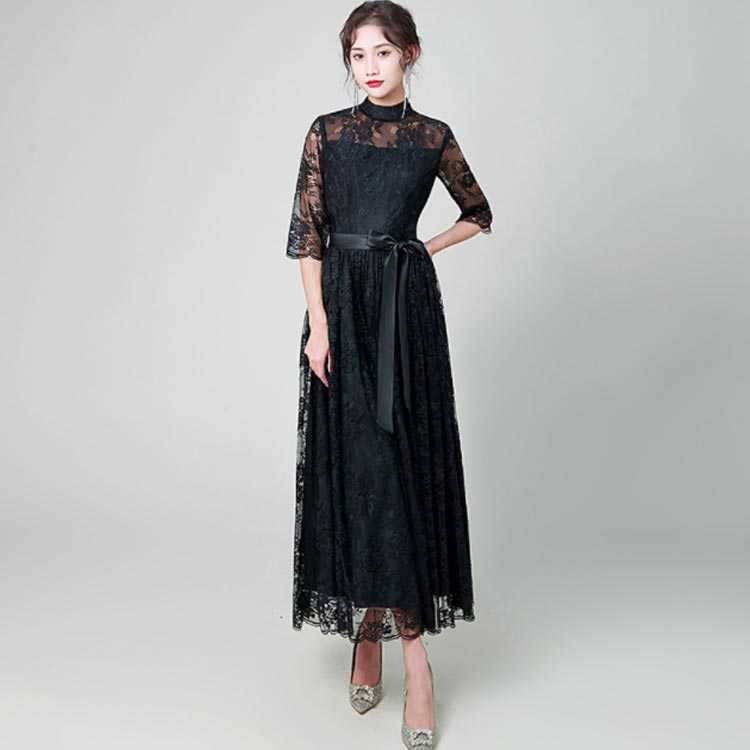 フレア総レースパーティードレスシースルー袖ロングワンピースロング丈結婚式お呼ばれ七分袖披露宴二次会黒パーティードレスブラック203040レディースフォーマル春夏ワンピースドレス
