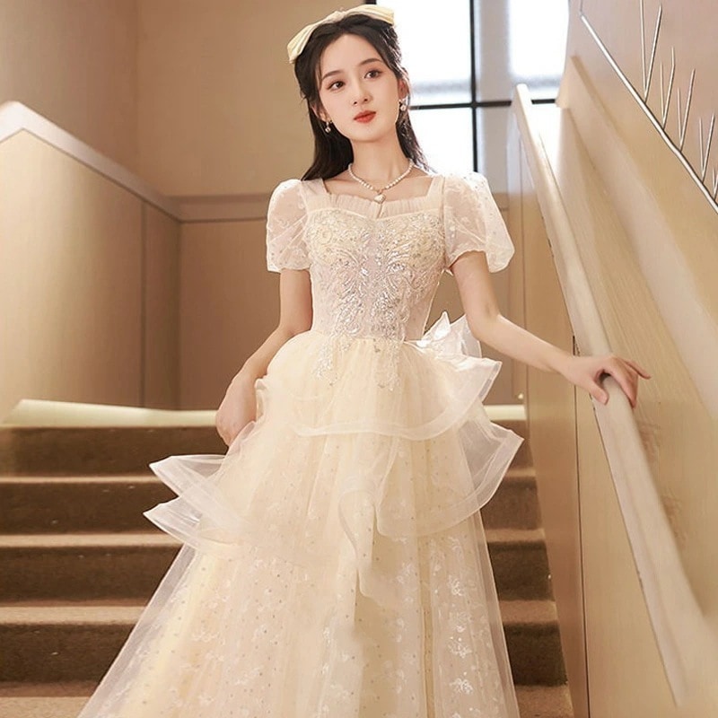 結婚式ドレス 二次会ドレス シャンパン色 ロングドレス イブニングドレス フレア フリル 可愛い 成人式ドレス 同窓会 謝恩会 ドレス Aライン 発表会ドレス パーティードレス ロング XS S M