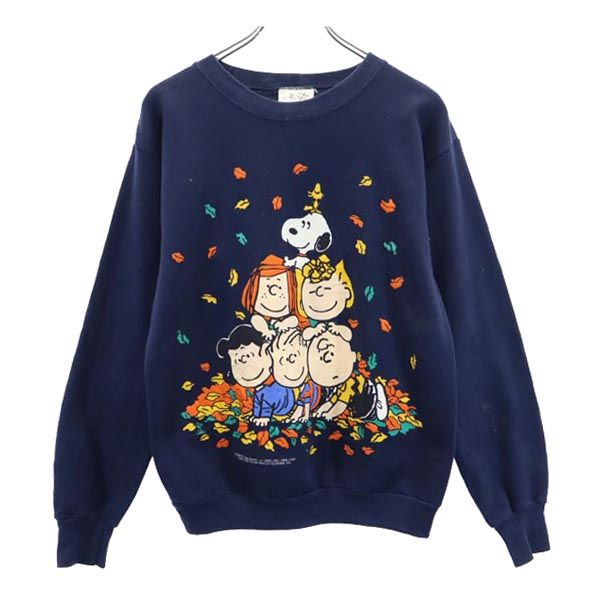 オールド USA製 ロゴプリント 長袖 スウェット トレーナー M ネイビー PEANUTS 裏起毛 スヌーピー メンズ