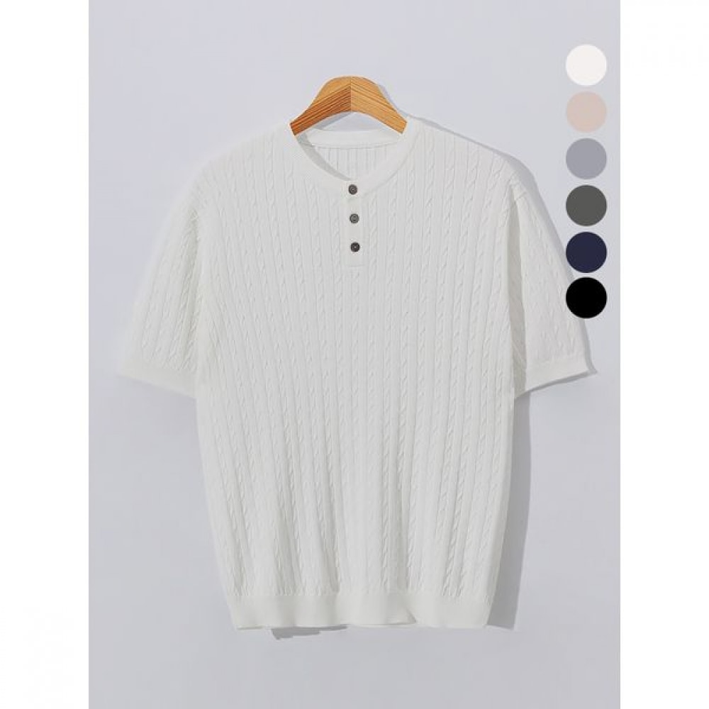 [Juans] プレッツェルビスコースヘンリーネック半袖ニットTシャツ GORT1074