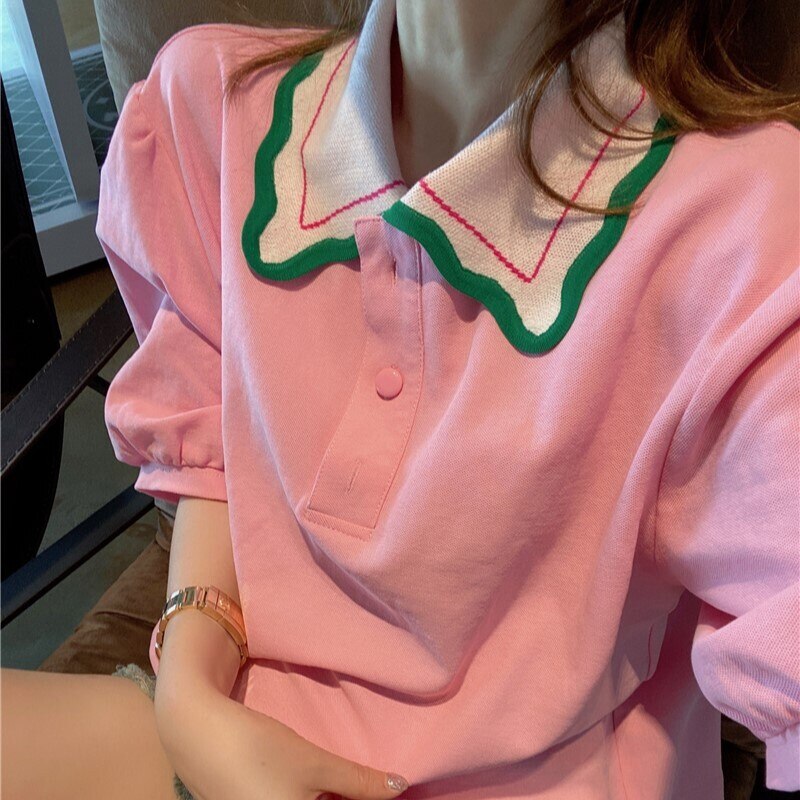 BIGポロT レディース トップス Tシャツ ビッグT 袖あり 半袖 5分袖 襟付き BIGシルエット 伸縮性 薄手 かわいい 大人可愛い シンプル カジュアル 大人 上品 お洒落 大人女子 こなれ感