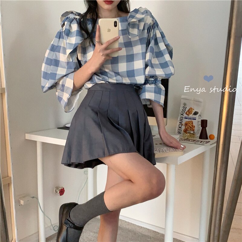 レトロ風 セットアップ 半袖 春 夏 きれいめ カジュアル かわいい aライン プリーツスカート ミニ ミニ丈 五分袖 ぽわん袖 ボリューム袖 ボリュームスリーブ 袖コンシャス キャンディスリーブ U