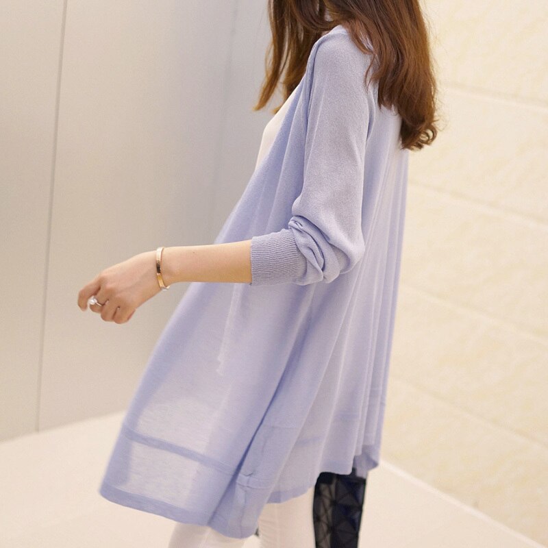 4色 トップス カーディガン レディース 夏 春 秋 きれいめ ミディアム丈 ミドル丈 長袖 襟なし 前開き 透け感 シースルー ホワイト 白 ブラック 黒 ライトブルー ピンク パステルカラー モノ