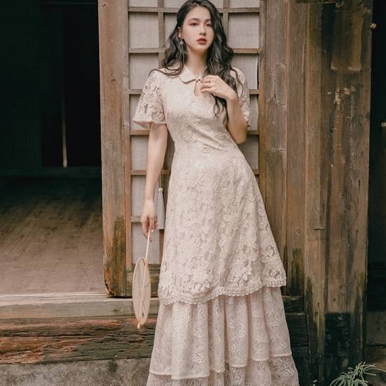 パーティードレス ワンピース ドレス 結婚式 お呼ばれ ロング 花柄 総レース 切り替え レトロ 半袖 春 夏 10代 20代 30代 二次会 可愛い きれいめ おしゃれ 個性的 ベージュ 韓国