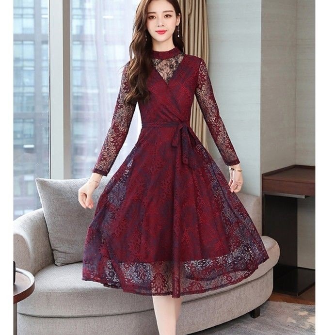 新しいスタイル レースフレアワンピース 韓国 七分袖 大きいサイズ レッド 赤 上品 ドレス パーティー 二次会 結婚式 ハイネック ドレス サイズ M