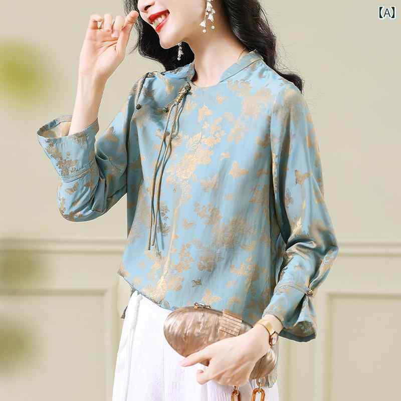 レディース チャイナ風 トップス 高貴 豪華感 ブルー レトロ 長袖 シャツ エレガント 華やか