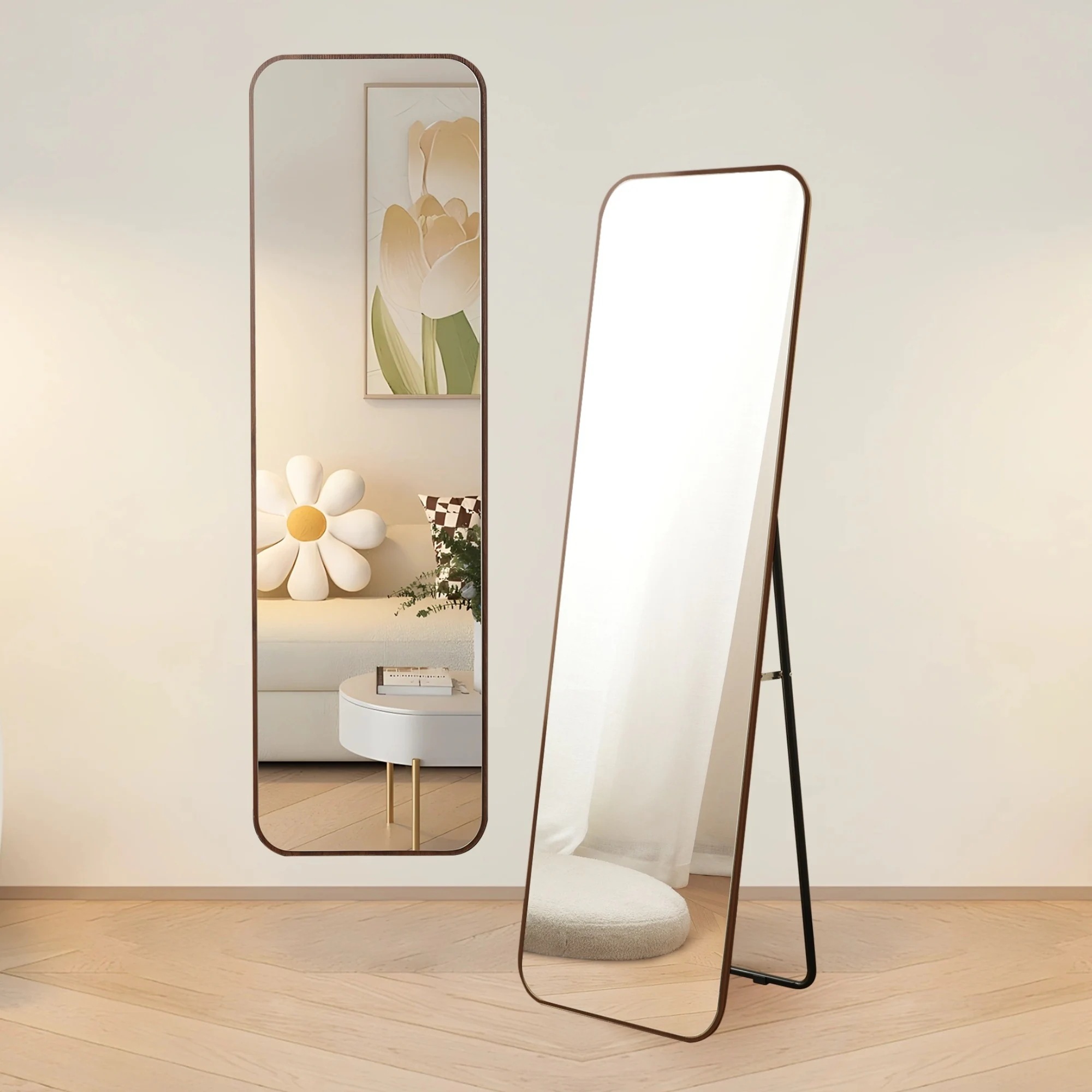 全身鏡 丸角フレーム 姿見鏡 北欧 木目調 スタンドミラー 壁掛けミラー 立てかけ 姿見 鏡 ミラー おしゃれ 飛散防止 160*50CM ブラウン
