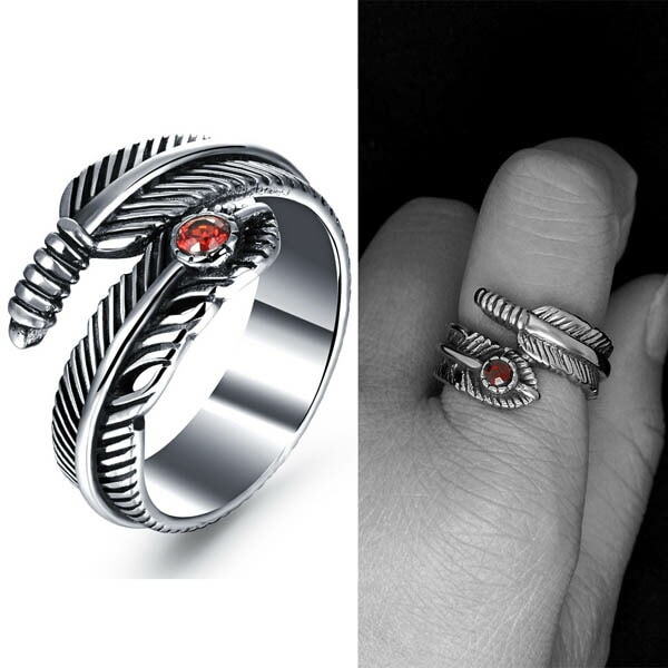 ジュエルフェザーステンレスリング（LRC100）指輪 15号-31号 フリーサイズ 調整可能 羽根 翼 赤い石 男性 女性 鷲 鷹 プレゼント 親指 人差し指 中指 薬指 r0172xxxxxxxx