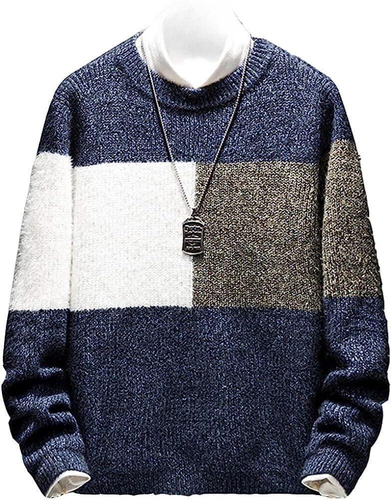 [foveitaa] セーター メンズ 冬服 厚手 クルーネック カラーマッチング ニットセーター 暖かい 大きめ 防寒 カジュアル セーター 春秋冬 dark blue L
