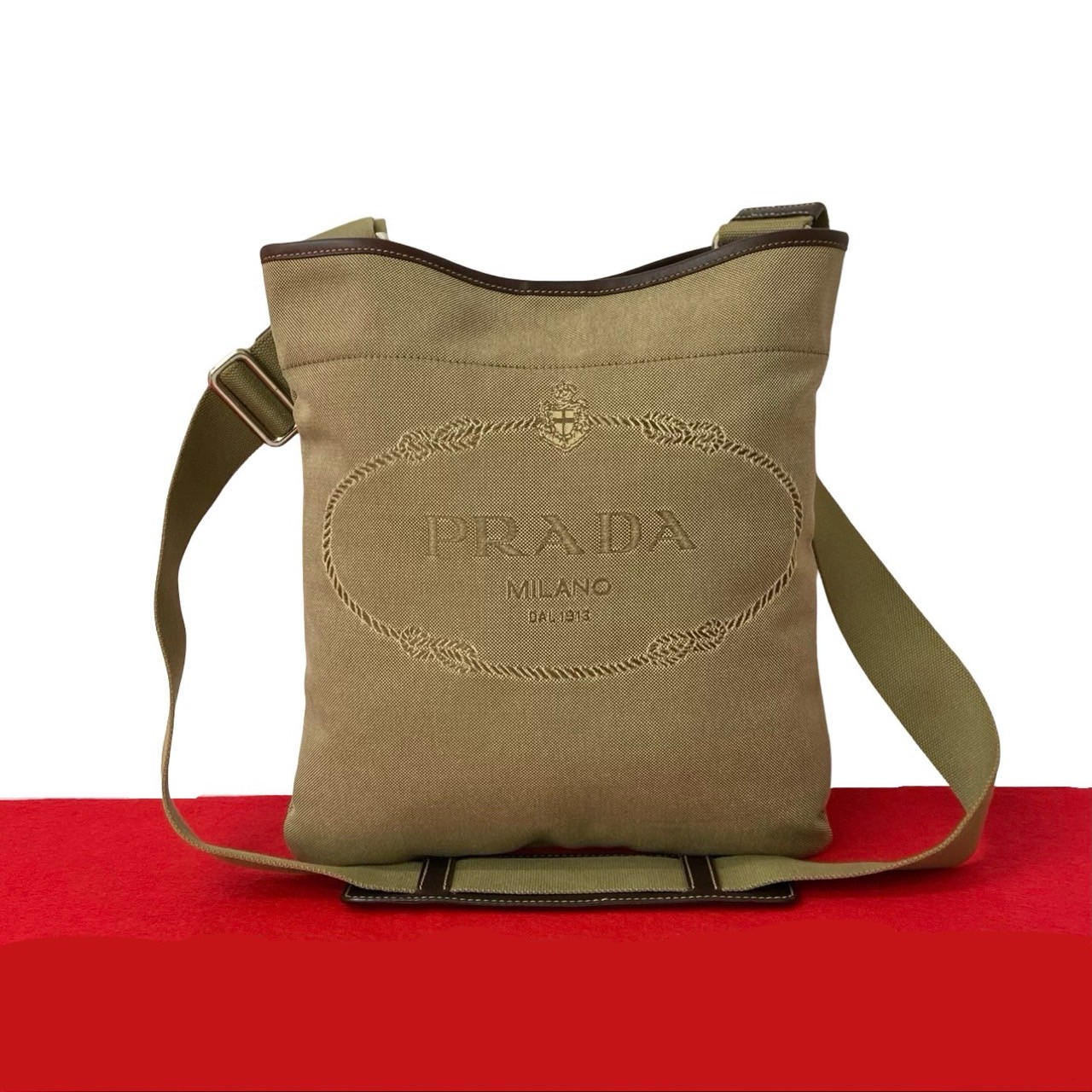 ロゴ ジャガードショルダーバッグ キャンバス レザー ベージュ 61972