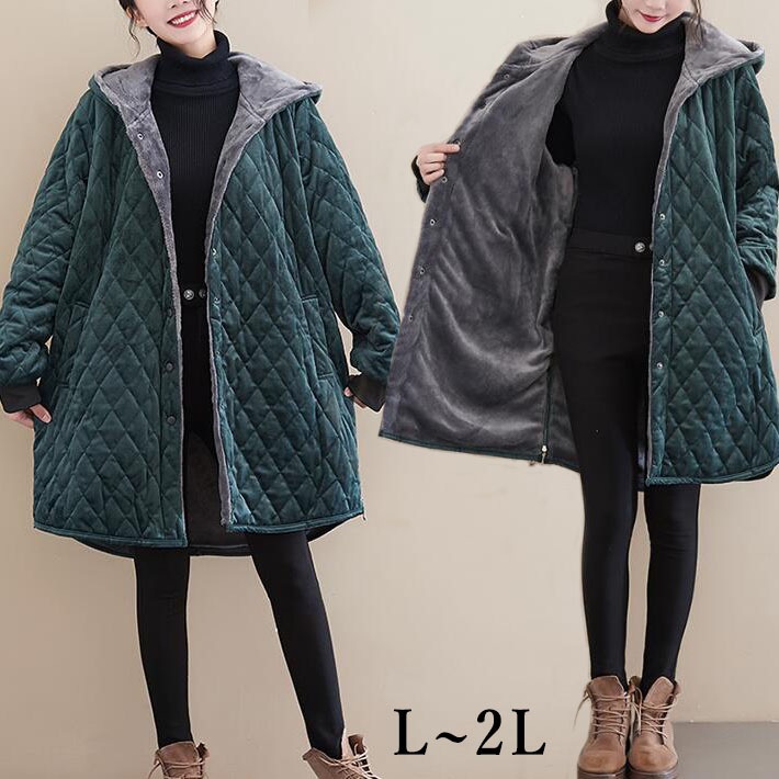 防寒　ゆったり　大きいサイズ 暖かい コート　ロング　ミディアム　カジュアル　厚手 キルティングアウター　裏起毛　ボア　あったか アウター キルティングコート もこもこ　キルティング キルティング L