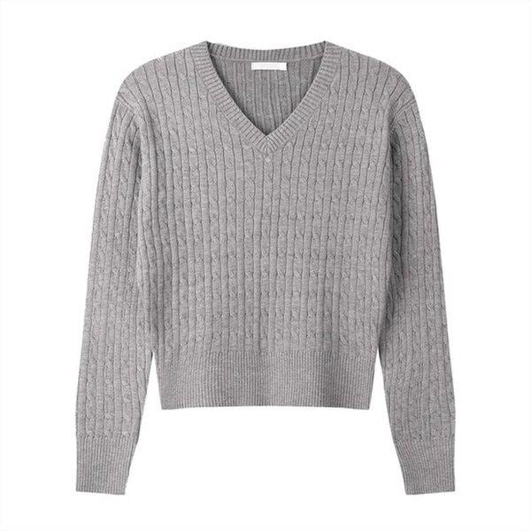 女性ポリアベーシックケーブルVネックニットTシャツSGW-KN-Q051-メランジ