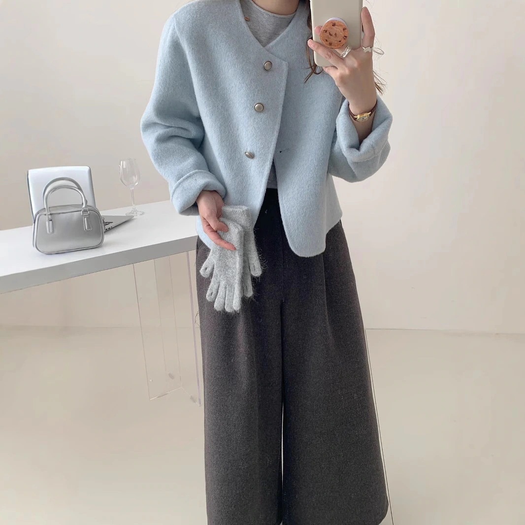 秋冬新作 丸首 レディース アウター カシミア 両面ウールコート 柔らか 両面 ショート丈 高級 シンプル
