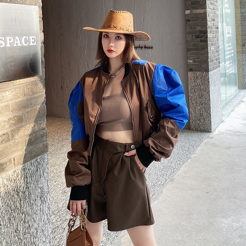 バイカラージャケット ジャンパー ブルゾン ジャケット アウター レディース ルーズ. ショート丈 パフスリーブ a3387