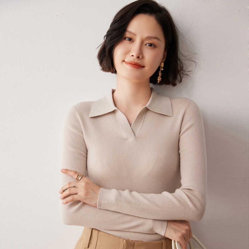 レディース 上品 上質 お洒落 秋 極細 毛 セーター 100 ピュア 長袖 無地 ポロ カラー ニット 底 プルオーバー セーター