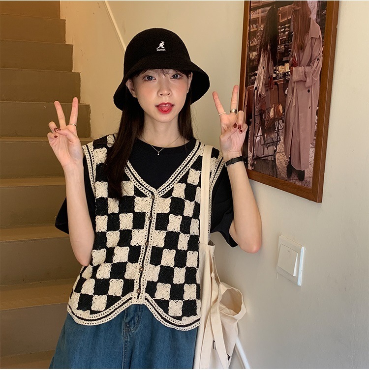 【送料無料】レディース ベスト ジレ ニット ボタン ブロックチェック 格子柄 大人可愛い