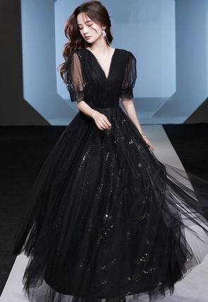 パーティー ドレス シアー Vネック ハイウエストVネック Uネック 無地 ロング 半袖 ホームパーティーアイテム レース グリッター 謝恩会 結婚式二次会 シースルー レディース かわいい