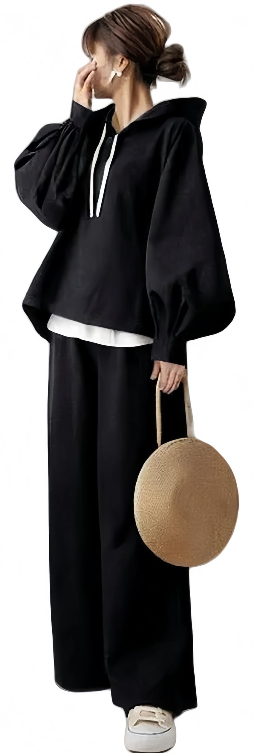 [YUANYUAN] レディース ２点セット ジャージ セットアップ パーカー+ワイドパンツ スポーツ スウェット 上下セット スーツ 春服 秋服 フード付き パフスリーブ ロング丈 カジュアル ゆっ