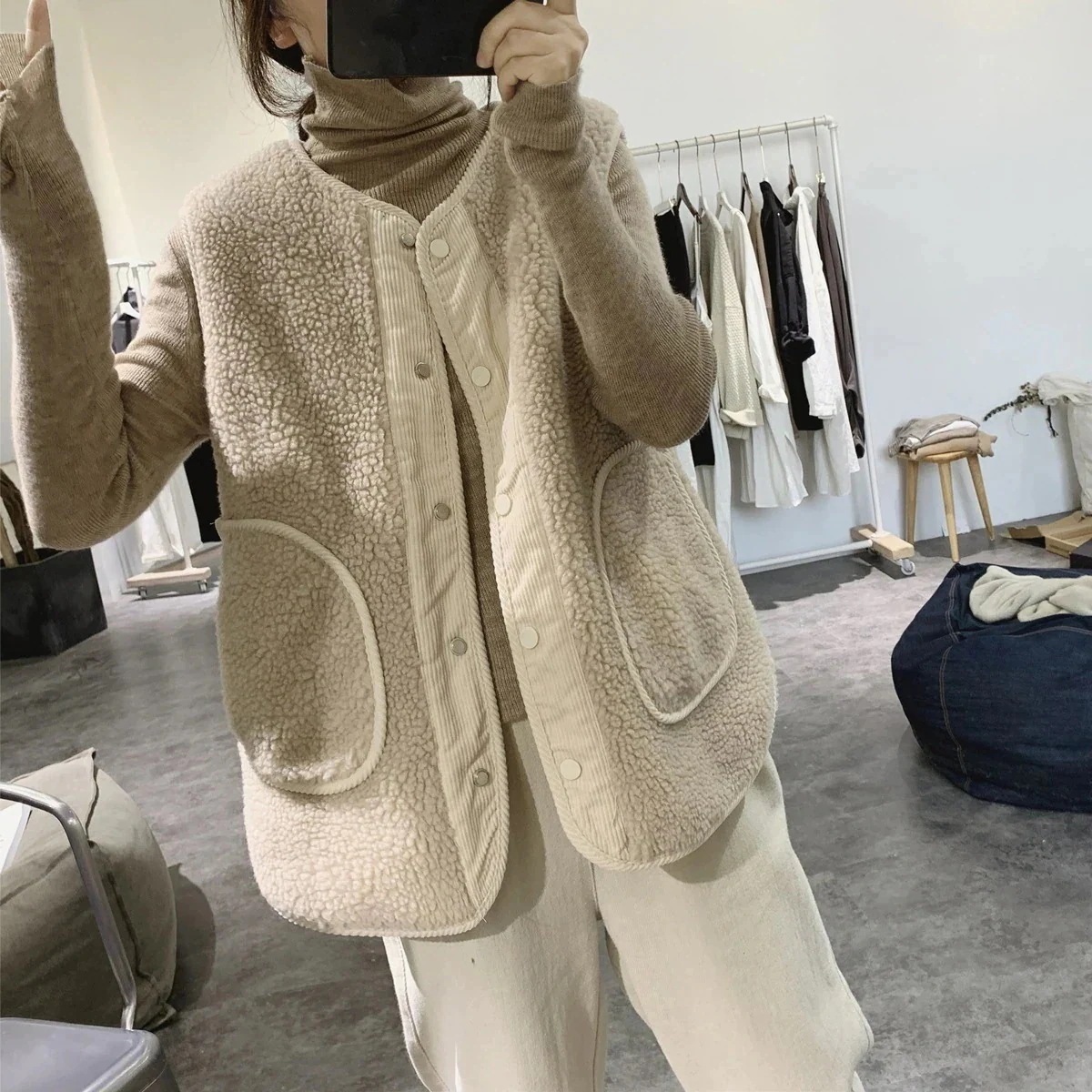 レトロ アウター ベスト 皮毛一体 レディース ラムズウール ゆったり ジャケット 流行り ベスト おしゃれ