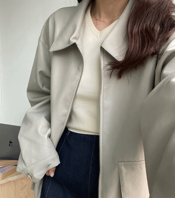 [ツーウェイ] クッキー レザー 革 裾 ストリング ジャンパー (2 color)