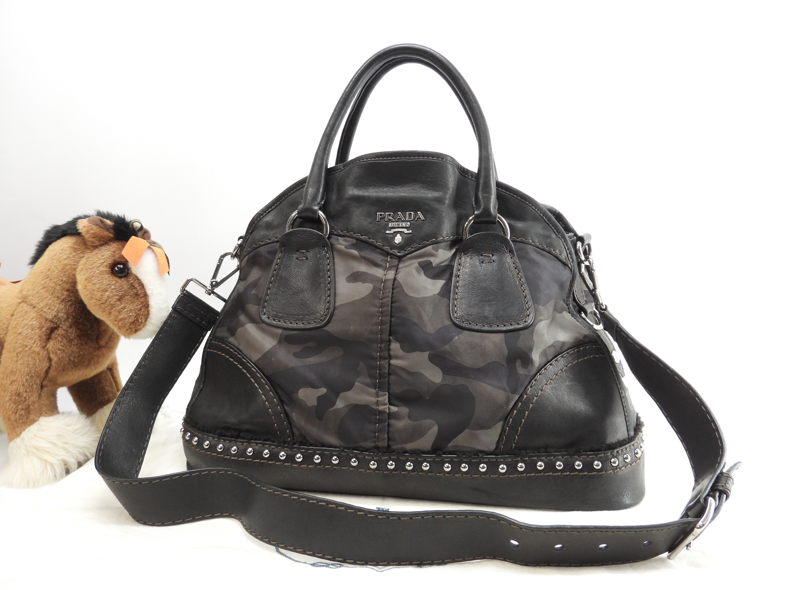 トートバッグ 迷彩 ナイロン/レザー灰黒 メンズ s付ハンドバッグ@113