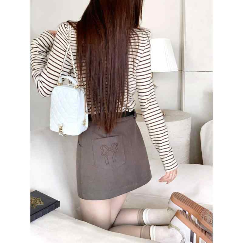 コーデ レディース ファッション オシャレ カワイイ シンプル 大人カワイイ 大きいサイズ アメリカン レトロ ハイウエスト ブラウン スカート Aライン