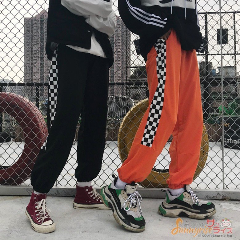 レディース ダンス 衣装 ヒップホップ HIPHOP 無地チェック 切り替え パンツ 原宿系 奇抜