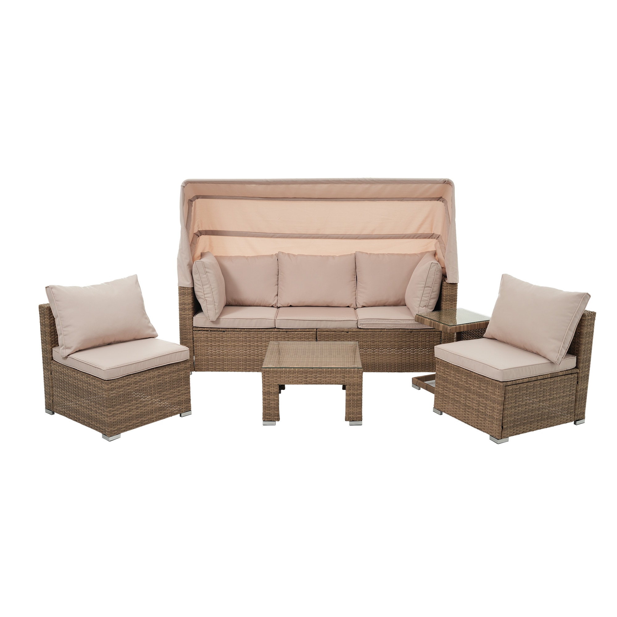 【元SKU：WF301002】パラソル付き ガーデンファニチャー 5点 ガーデン テーブル チェアー ラタン調 テーブル 家具 樹脂 楽組 ホテル カフェ ベランダ テラス 高級 テラス ソファ ガG