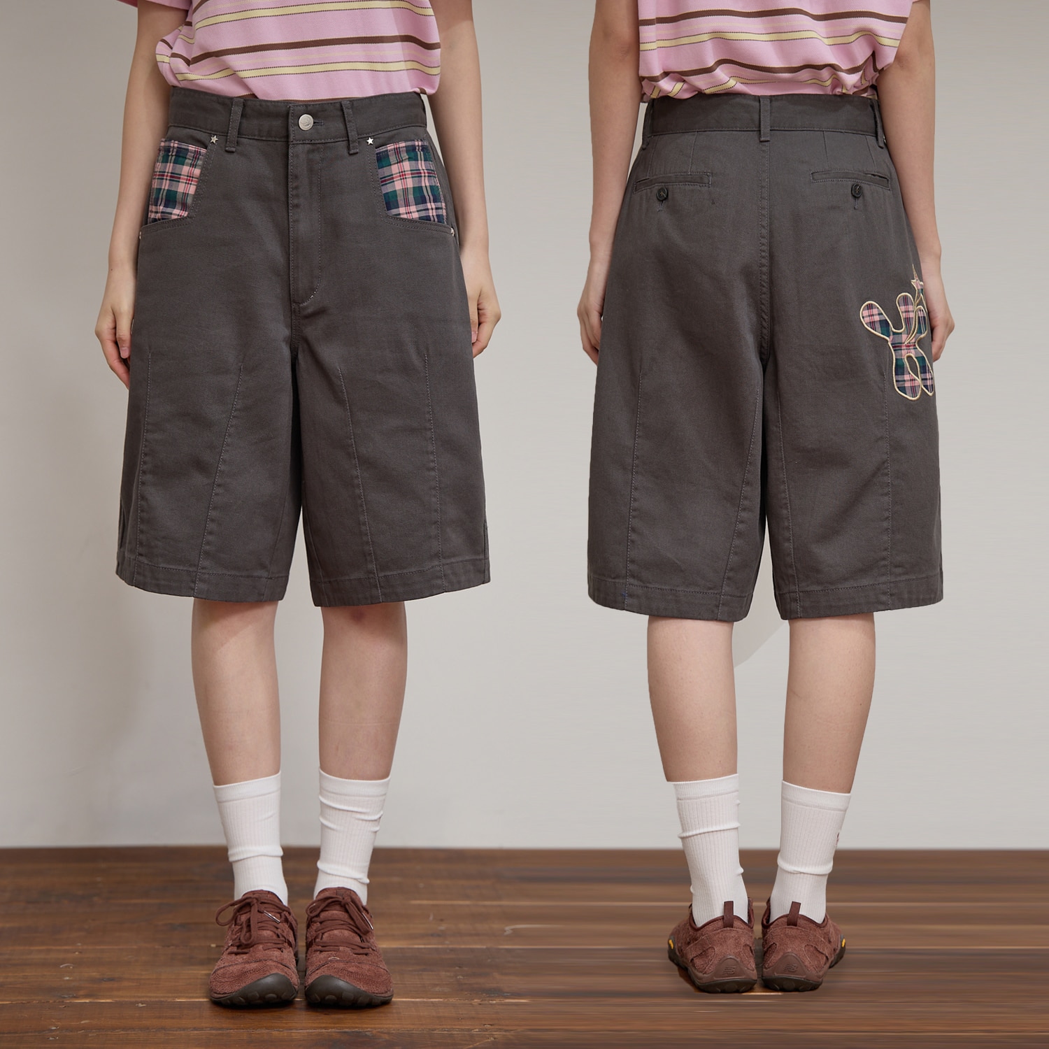 Check Applique Half Pants CHARCOAL
