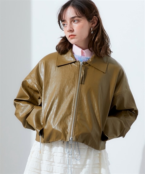 ジャンパー・ブルゾン ショート丈ダブルジップフェイクレザージャケット