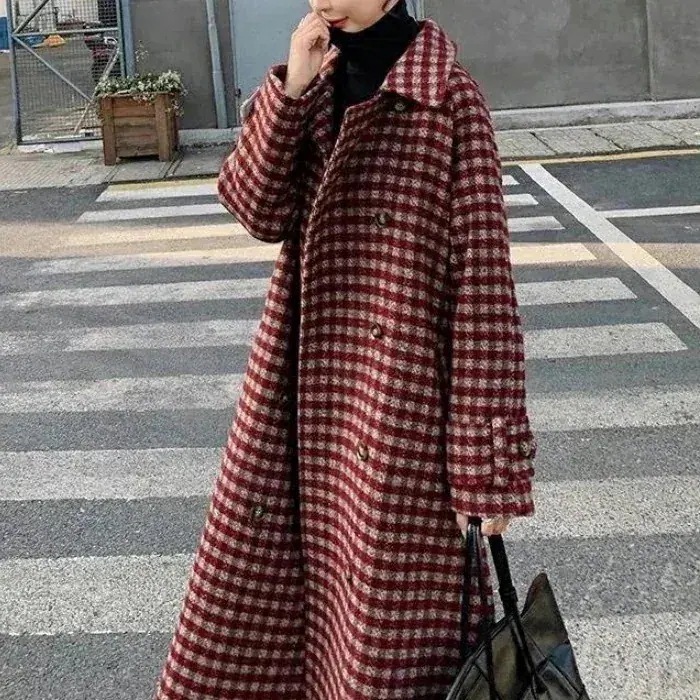 ロングコート レディース チェック柄 コート 大人カジュアル アウター Aライン 長袖 ゆったり 羽織 ブルゾン ポケット 大きいサイズ 通勤 ol オフィス 事務所 厚手 キレイめ 体型カバーEC