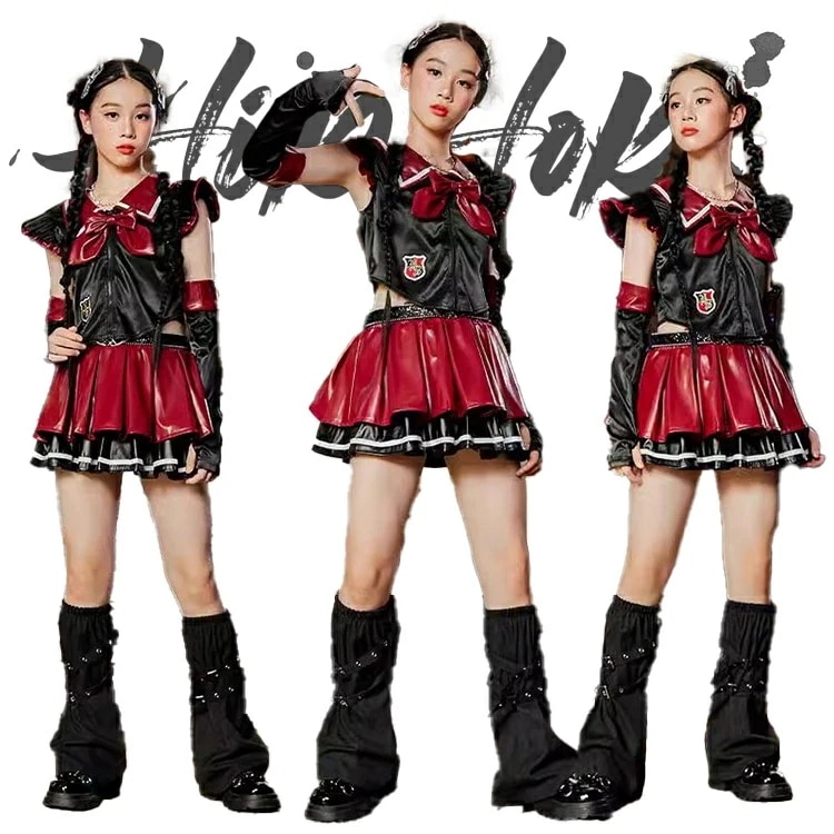 【急速出荷!】キッズ ダンス ダンス衣装 赤黒 女の子 ガールズ へそ出し レザー スカート レッグウォーマー ダンスウェア 発表会 応援団 イベント ジュニア カッコイイ 普段着 jazz オシャレ