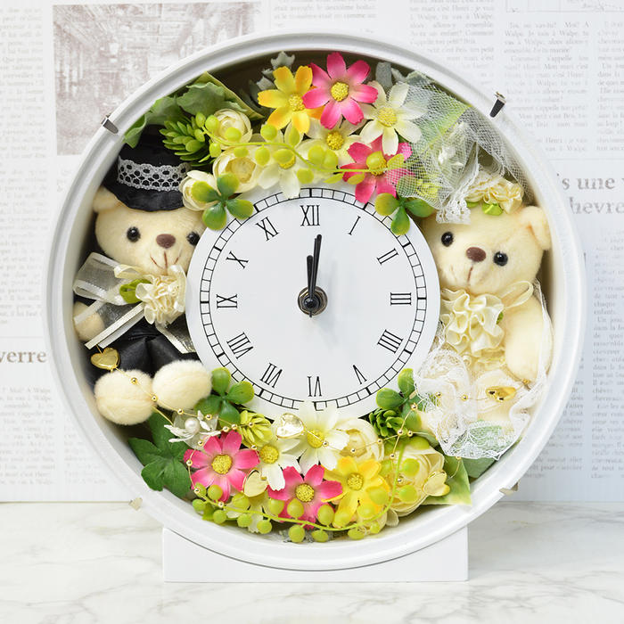 アーティフィシャルフラワー 時計 ウエディングベアー フラワーギフト 花 贈り物 プレゼント 開店祝い 引越し祝い 開業祝い 結婚祝い