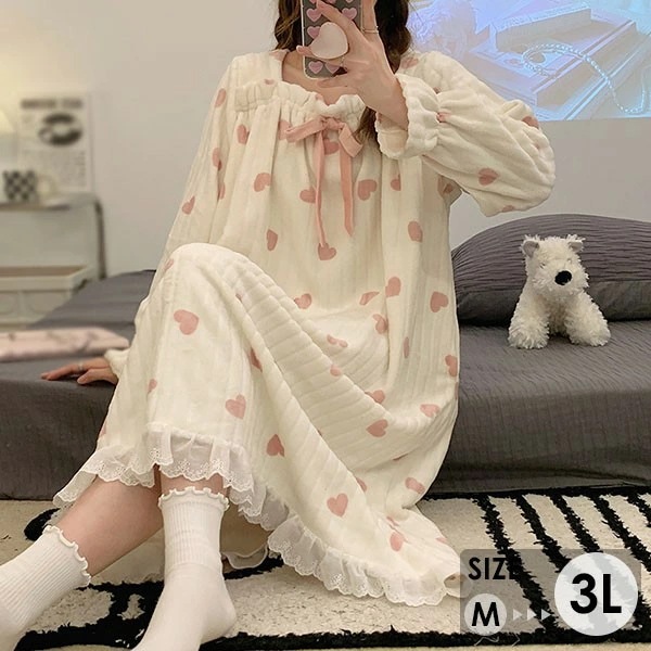もこもこ モコモコパジャマ ワンピース ルームウェア プリンセス風 ハート柄 パジャマ 冬 長袖 寝巻き 部屋着 暖かい あったか モコモコ 大人用 ふわふわ レディース 女性用 ガウン かわいい 可