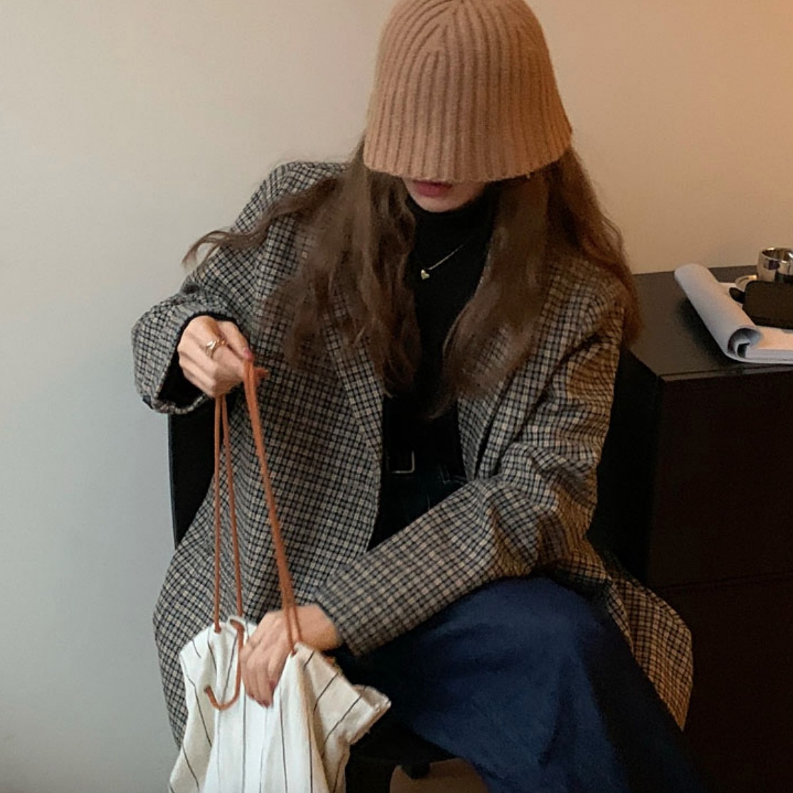 アウター デート ジャケット 上着 袖あり 長袖 春 秋 10代 20代 30代 レディース 女性用 個性的 ブラウン フリーサイズ こなれ感 ゆったり レトロ チェック柄 格子柄 通勤 お出かけ