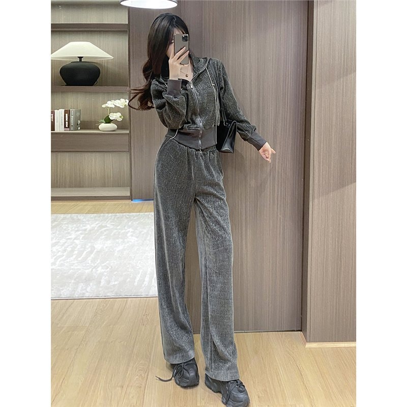 ナンヨウ秋の女性用カジュアルスポーツスーツフード付きショートスウェットシャツと肉感をカバーするワイドパンツのツーピーススーツ