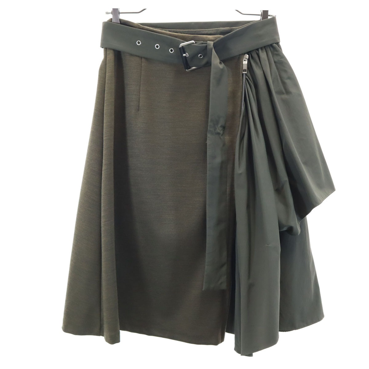 イタリア製 ギャザー切替 膝丈スカート M カーキ マックスマーラ レディース 古着