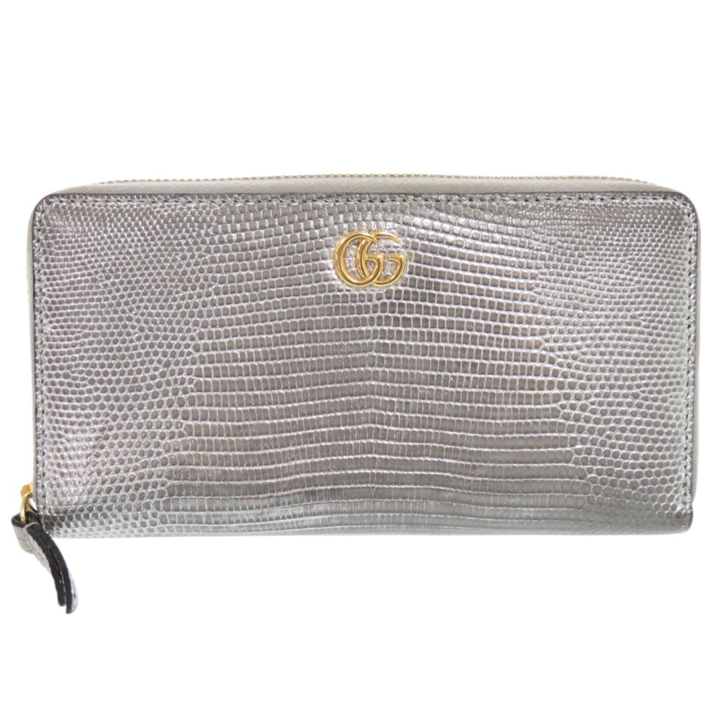美品 ラウンドファスナー GGマーモント リザード ジップアラウンドウォレット 456117 長財布 リザード シルバー 1001【中古】 ユニセックス