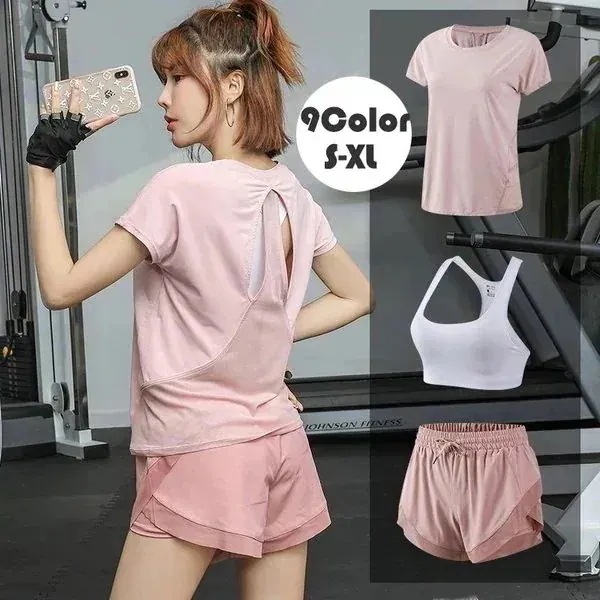 [運送免除][6月]スポーツウェア レディース セット3点セット 細見せ トレーニングウェア 上下 ランニング ウェア 可愛い フィットネスウェア おしゃれヨガウエア