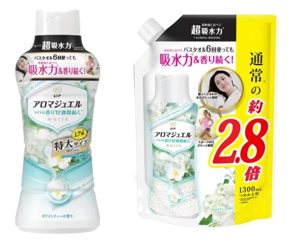 【セット売り】レノア ハピネス アロマジュエル 香り付け専用ビーズ ホワイトティー 本体 特大サイズ（805ml）＋詰め替え（1300ml）