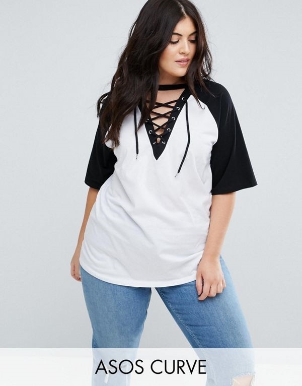 ASOS エイソス レディース 大きめサイズ ゆったりサイズ 送料無料 White/black CURVE Lace Up Top with Contrast Raglan Sleeves