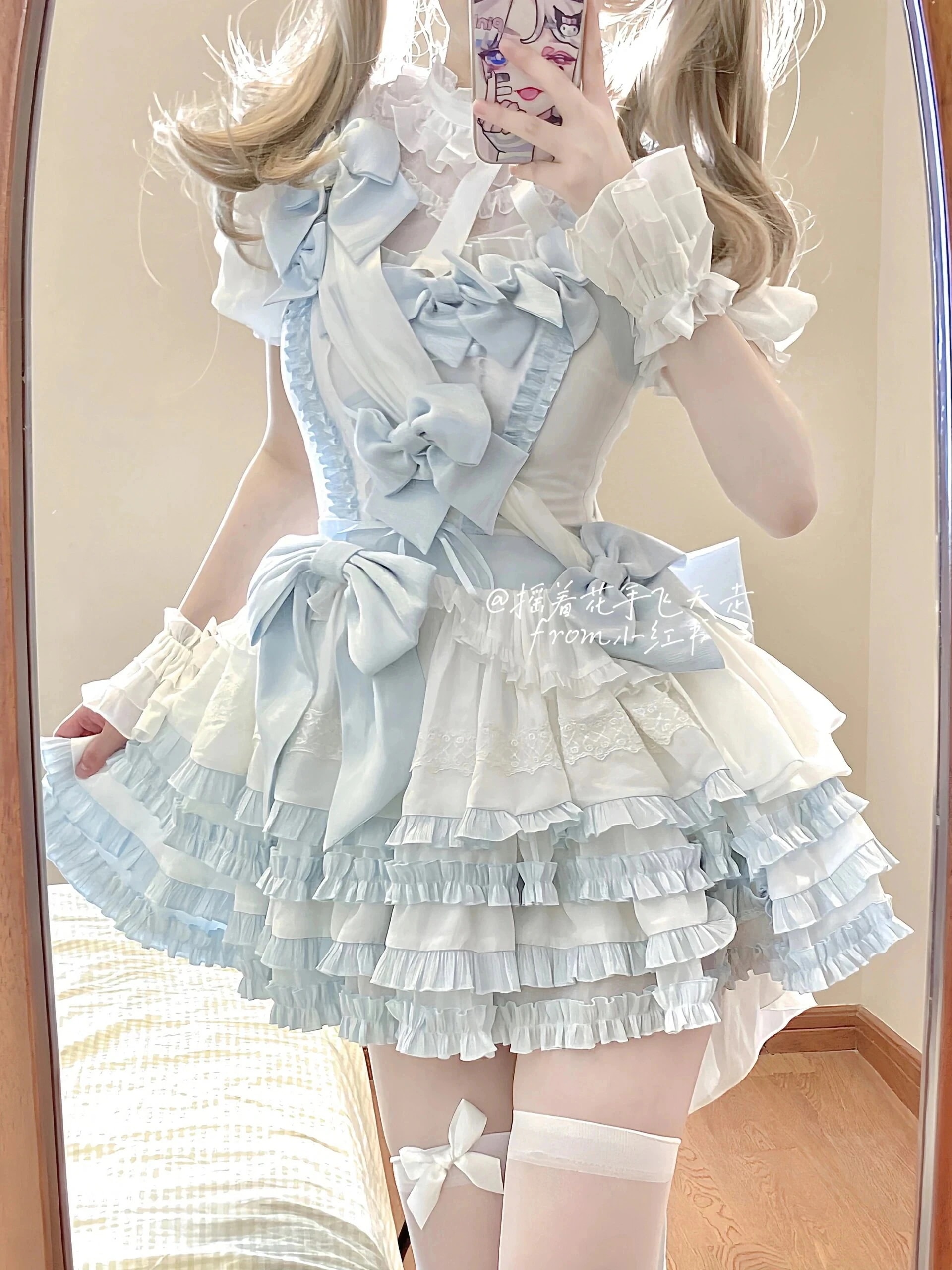 青白スウィートロリータドレスセットロリータレースリボンプリンセスドレス