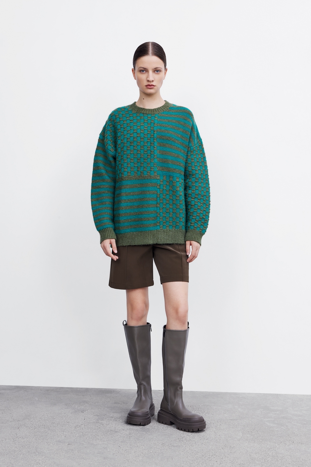 冬 メンズ カジュアル オリーブ グリーン チェック柄 ストライプ 暖かい セーター グリーン XS S M L XL トップス ニットソー 袖あり 長袖 きれいめ シンプル 大人 上品 おしゃれ