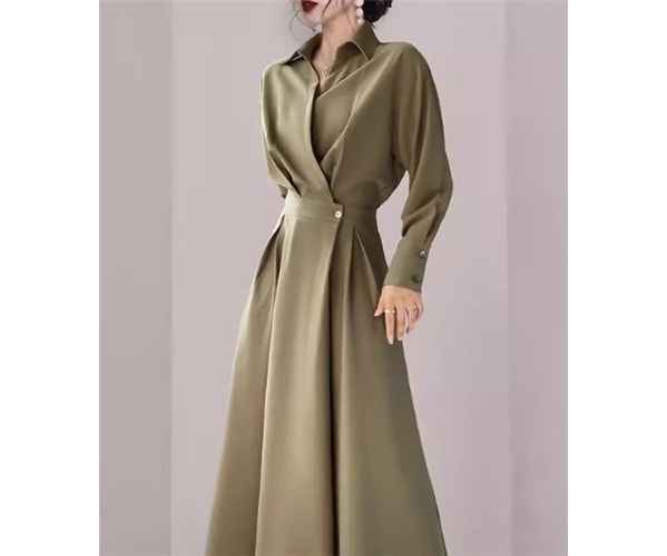 レディース ワンピース シャツワンピ ミモレ ロング 長袖 Vネック 襟付き ポロカラー スリム 細身 Aライン ウエストマーク ハイウエスト 大人可愛い きれいめ シンプル カジュアル 上品