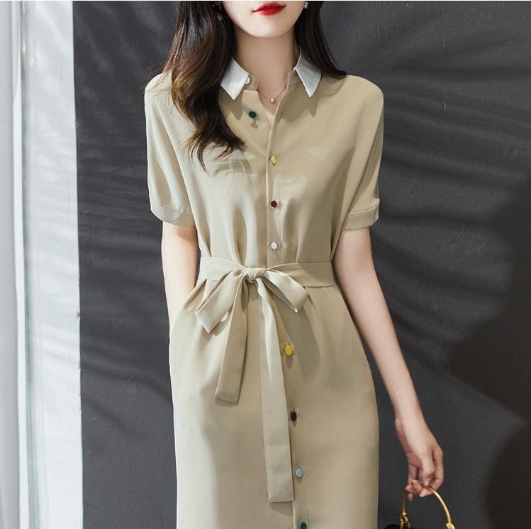 カラフルボタンワンピース タイトワンピース 夏シャツワンピース 半袖カジュアルワンピース トップス スカート ワンピース シャツ ブラウス オールインワン ロングスカート フレアスカート