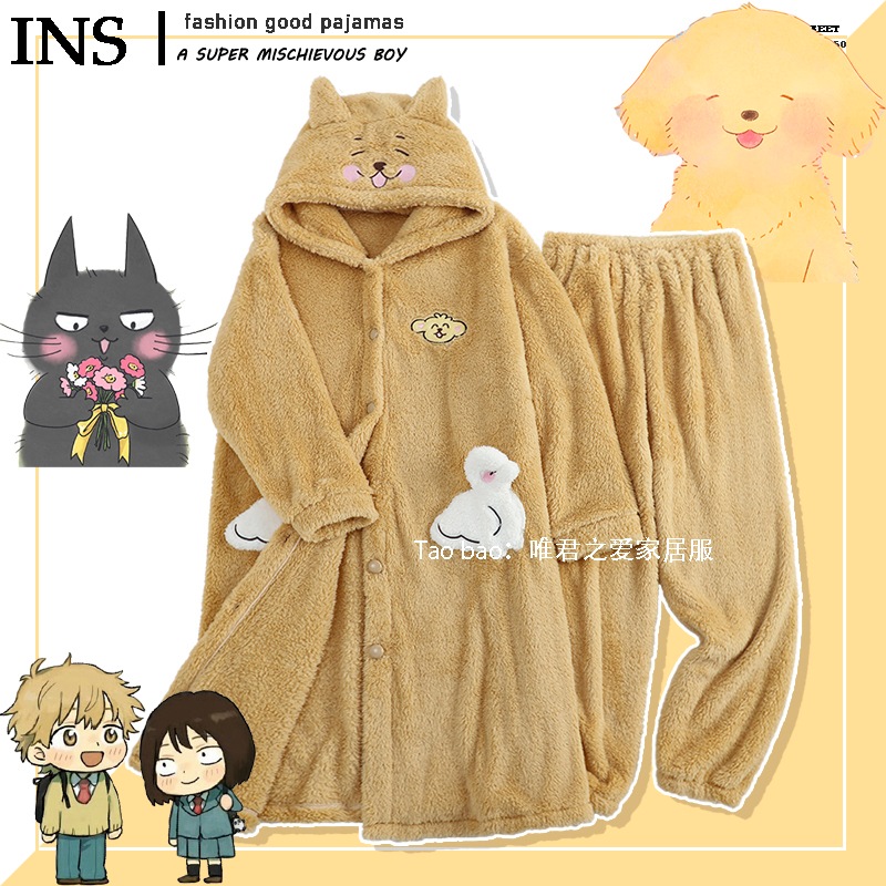 男性と女性のための活気に満ちた若者のパジャマ冬のコーラルベルベットの厚いベルベットのカップルパジャマ小さな犬のかわいい2d