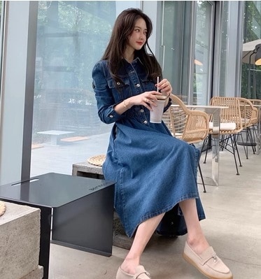 デニムワンピース シャツ シャツワンピース ロング ロング丈 袖あり 長袖 Vネック 襟付き ストレート ワイド レース 刺繍 かわいい きれいめ シンプル カジュアル 大人 上品 おしゃれ お洒落