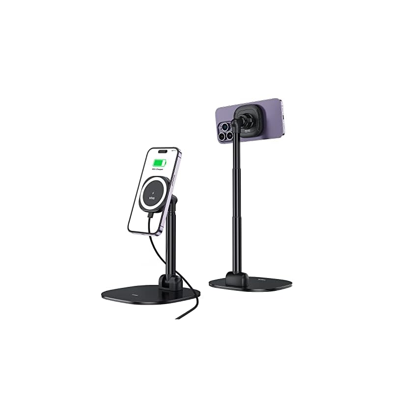 VRIG スマホスタンド 2in1 ワイヤレス充電器 15W急速充電 卓上 Magsafeスタンド 携帯スタンド 磁気マグネット式 （磁気増強メタルリング付き） 3段階高さ 360置き対応 横/縦置